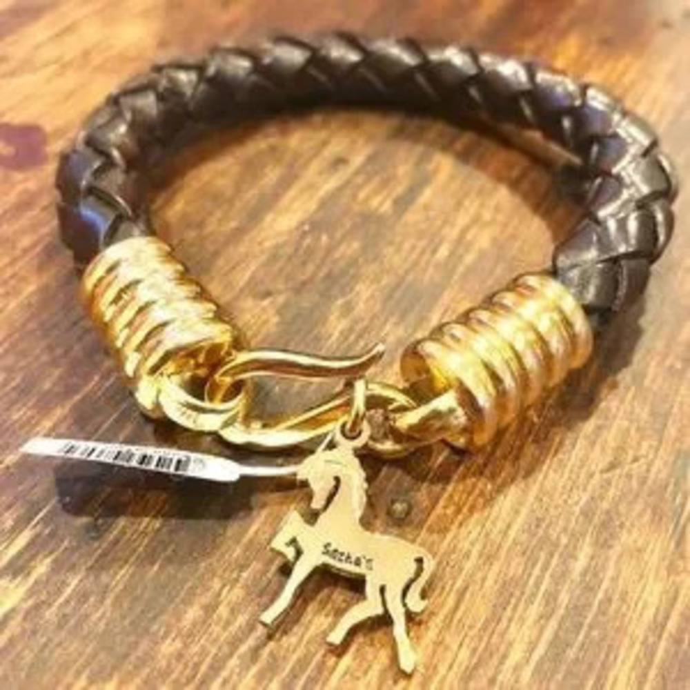 Brown Braided Leather Bracelet with Gold Horse ??